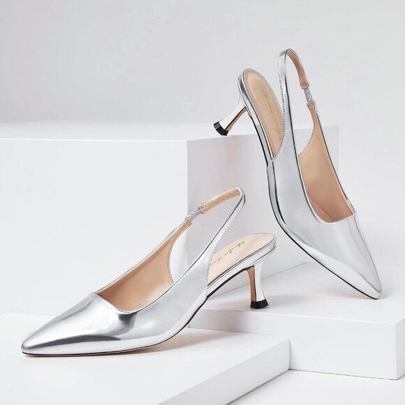 🆕Women Silver Trendy Closed Toe Sling Back Kitten Heels Low Dressy Pumps - Picture 2 of 8